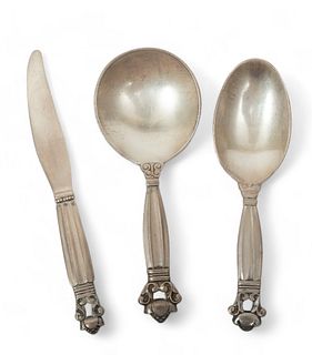 Georg Jensen (Danish) 'Acorn' Sterling Silver Sugar Spoon, Baby Spoon & Knife, 2.09t oz 3 pcs