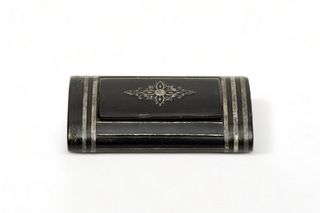 English Black Lacquered Wood & Brass Snuff Box, C. 1800, H 1", W 3.75", D 2"