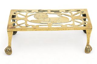 English Pierced Brass Trivet, Recumbent Lion, Ca. 1900, H 4" W 5.75" L 10.5"