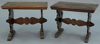Pair of walnut Continental side tables on carved tressel leg base. ht. 20in., top: 16" x 25".