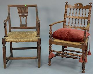 Two Continental armchairs including one with splat back, rush seat, and stretcher legs, and the other with spindle back, rush