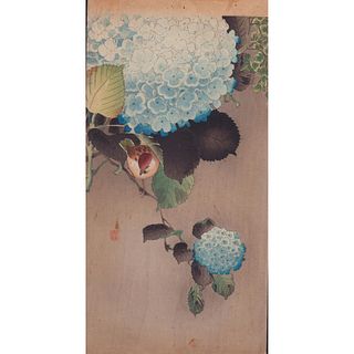 Koson (Japanese) Woodblock Print, Sparrow on Hydrangea
