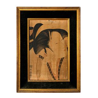Utamaro (Japanese) Woodblock Print on Silk, Reflective Love