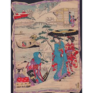Japanese Woodblock Crepon Print, Geishas in the Snow