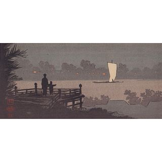 Japanese Woodblock Print of a River at Night