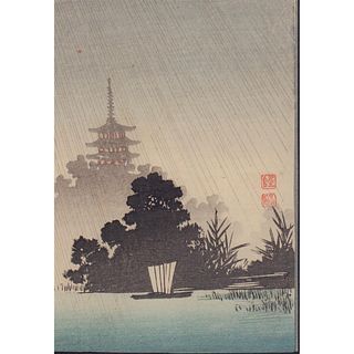Japanese Woodblock Print, Pagoda in the Rain