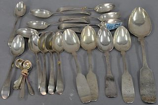 Group of coin silver and sterling silver spoons to include 12 Hester Bateman teaspoons, miscellaneous coin silver spoons, and