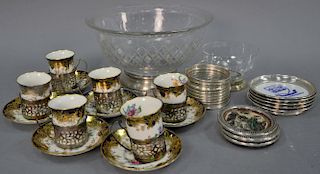 Group of weighted sterling silver to include a sterling footed crystal bowl (ht. 5 1/2in.), coasters, six demitasse cups and 