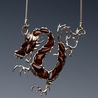 Gorgeous Sterling Silver and Amber Dragon Necklace
