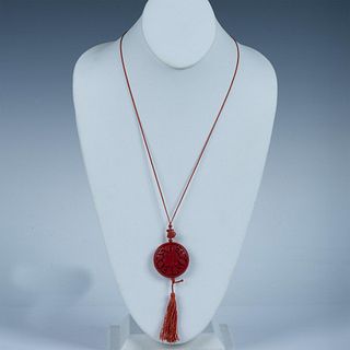 Beautiful Chinese Ornately Carved Cinnabar Floral Necklace