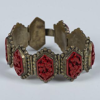 Vintage Chinese Ornately Carved Floral Cinnabar Bracelet