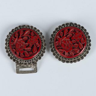 Vintage Chinese Silver & Carved Cinnabar Floral Belt Buckle