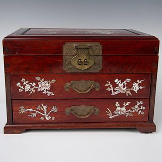 Asian Wood and Mother of Pearl Inlay Jewelry Box