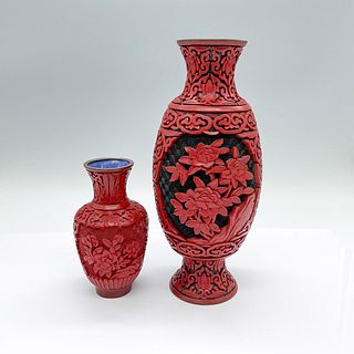 2pc Vintage Chinese Cinnabar Floral Vases