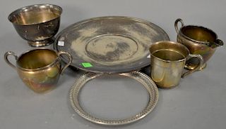 Group of sterling silver to include revere bowl, sugar creamer, and cup, and an International sterling plate. 26.7 t oz.