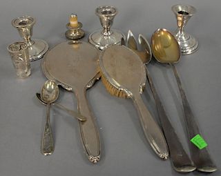 Tray lot with weighted sterling silver including candlesticks, mirror and comb, and silverplate.