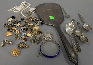 Tray lot with miscellaneous sterling spoons, Chinese enameled bracelet, fish decoy, cuff links.