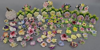 Two tray lots with Capodimonte, Denton, Coalport, china flower place card holders, paper weights, etc.