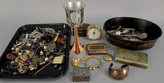 Two tray lots with miscellaneous jewelry, silver, silverplate, boxes, enameled stem cup, etc.