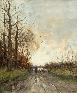 Charles Paul Gruppe (American, 1860-1940) Oil on Canvas, Early Winter Pathway, H 24" W 20"