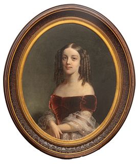 American Oil on Canvas, Ca. 1840-70, "Portrait of a Debutante", H 36" W 29"