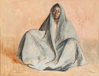 Francisco Zuniga (Mexican, 1912-1998) Crayon And Watercolor on Paper 1966, "Concha (Mujer Con Rebozo)", H 19.5" W 25.5"