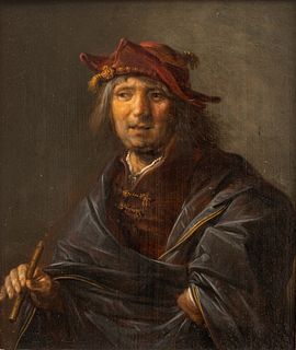 Heindrick Gerritsz Pot (Dutch, 1585-1657) Oil on Wood Panel, Ca. 1611-1630, "Man with a Flute And Red Velvet Hat", H 12.25" W 10"