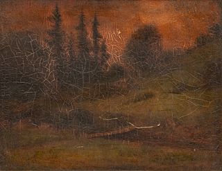 James Everett Stuart (American, 1852-1941) Oil on Oak Panel, 1900-1908, "Redwoods And Live Oaks Near Aptos, California", H 12.5" W 16"
