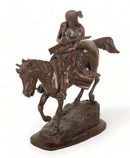 Earle Erik Heikka (American, 1910-1941) Bronze Sculpture, Ca. Mid 20th C., "Native American Scout on Horseback", H 13.75" W 5" L 13"