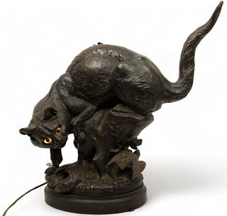 Louis Theophile Hingre (France, 1832-1911) Bronze Lamp, Cat Hunting Sparrow, H 18.5" W 23" Depth 9"