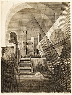 Armin Landeck (American, 1905-1984) Engraving on Wove Paper, 1971, Delmonico's Roof, H 23.75" W 18"