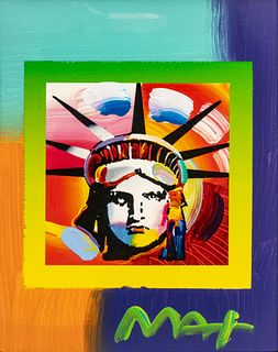 Peter Max (American, 1937-2019) Mixed Media, Acrylic Painting And Color Lithography, Ca. 2006, "Liberty Head II on Blends,", H 10" W 8"