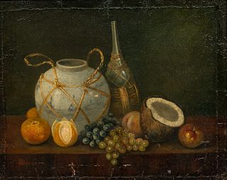 In the Manner of William Michael Harnett (American, 1848-1892) Oil on Canvas, "Still Life with Fruit, Wine And Delft Vase", H 9" W 11"