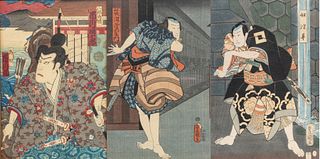 Utagawa Kunisada (Toyokuni III) (Japanese) Woodblocks in Colors on Paper, "Kabuki Actors", Group of Three Works H 13.5" W 9"