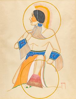 Ron Geionety (Native American, B. 1950) Watercolor, Graphite And Gouache on Paper "Untitled", H 19.25" W 15"