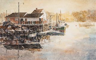 John Gable (American, B. 1944) Watercolor on Paper "Kennebunkport Harbor", H 17.25" W 27.25"