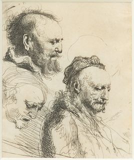 Ignace Joseph De Claussin (French, 1795-1844) After Rembrandt Etching on Paper, Ca. Early 19th C., Studies of Men's Heads, H 3.875" W 3.125"
