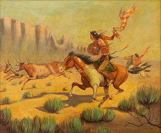 American Oil on Canvas, Ca. 20th C., "Native Americans Driving Cattle, Signed", H 20" W 24"