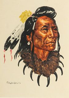 Nancy Powell McLaughlin (American, 1932-1985) Graphite, Gouache And Watercolor on Paper "Indian Portrait", H 6" W 4.25"