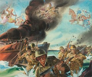 American Watercolor And Gouache on Whatman Drawing Board, Ca. 1943, U.S. Marines Amphibious Assault, H 14.75" W 17.5"