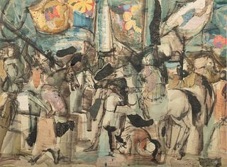 Herbert Joshua Ariss (Canadian, 1916-2009) Mixed Media with Collage on Paper, Ca. 1959, Abstract with Figures on Horseback H 17.5" W 23.5"