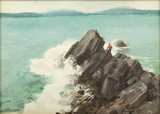 Charles Ross Kinghan (American, 1895-1984) Watercolor on Paper, "Fisherman on a Rocky Shore", H 8" W 11"