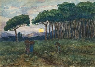 Charles Walter Stetson (American, 1858-1911) Watercolor on Paper, 1897, "Twilight Harvest Near Rome", H 5" W 7"