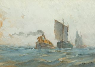 Henry Bullock (American/Michigan, 1845-1924) Gouache on Paper, Ca. 1900, "Tugboat And Two Sailing Vessels", H 9" W 12.75"