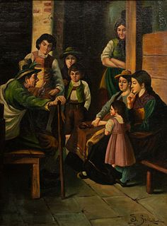 S . Bonelli, (Italy) Oil on Canvas Ca. 1910, "The Storyteller", H 24" W 18"
