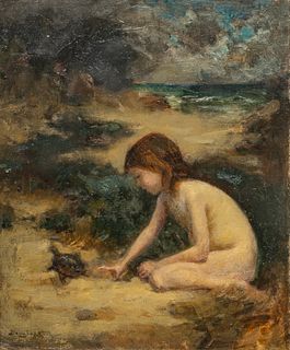 Douglas Volk (Maine, USA, 1856-1935) Oil on Canvas, "Playing on the Beach", H 12" W 10.25"