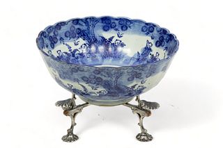 Chinese Blue & White Porcelain Bowl on Trivet, H 6.25" Dia. 9.75"