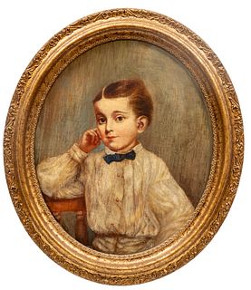 American Oil on Canvas, Portrait of a Young Boy, Oval Ca. 19th.c., H 23.5" W 20"
