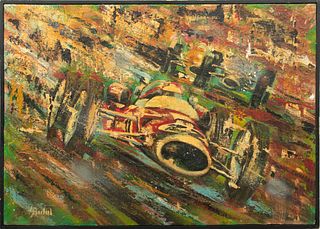 Signed Buhl, Oil on Canvas Mounted to Masonite, Ca. 1960s, "Formula 1 Racers", H 24.25" W 33.75"