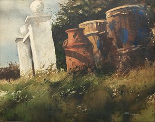 Thomas Thiery (American/Michigan, B. 1940) Watercolor on Paper, Ca. Later 20th C., Water Barrels H 16" W 19"